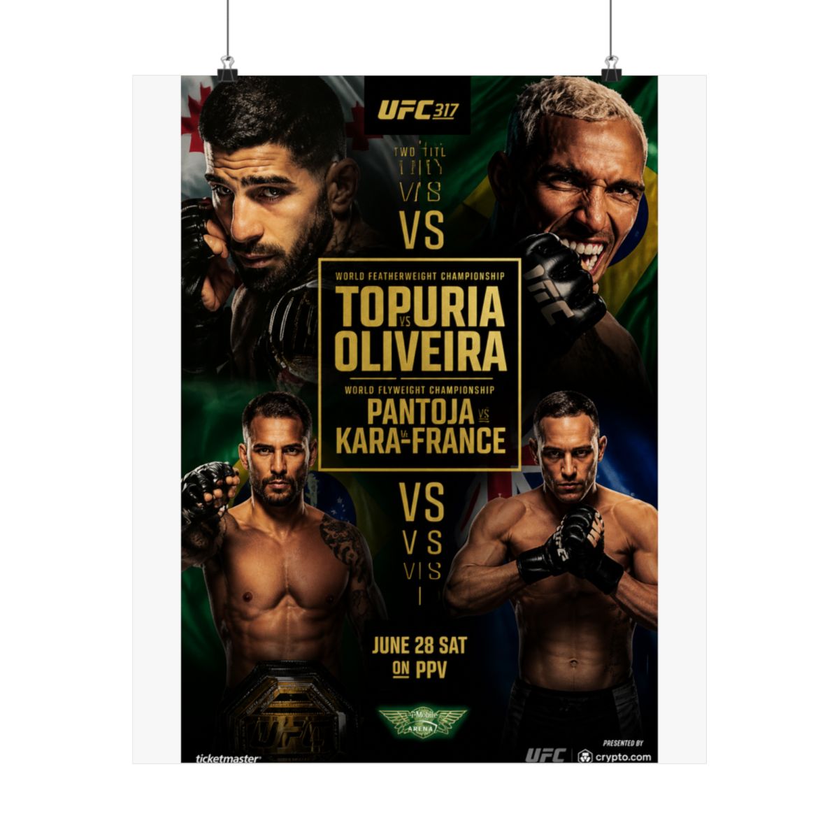 A framed UFC 317 poster showcasing two title fights. The poster features images of four fighters, with the names Topuria, Oliveira, Pantoja, and Kara-France. The text "June 28 Sat on PPV" is also... - Official Posters & Wall Art merchandise